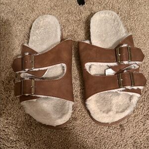 Brown Faux Fur Lined Slide Sandals